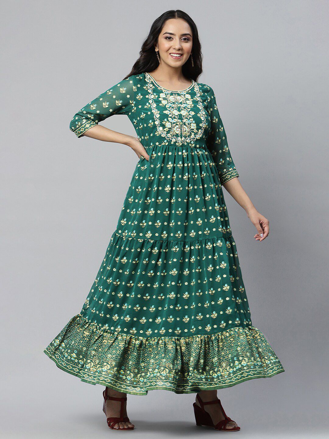 AURELIA Green Floral Printed Tiered Maxi Dress Price in India