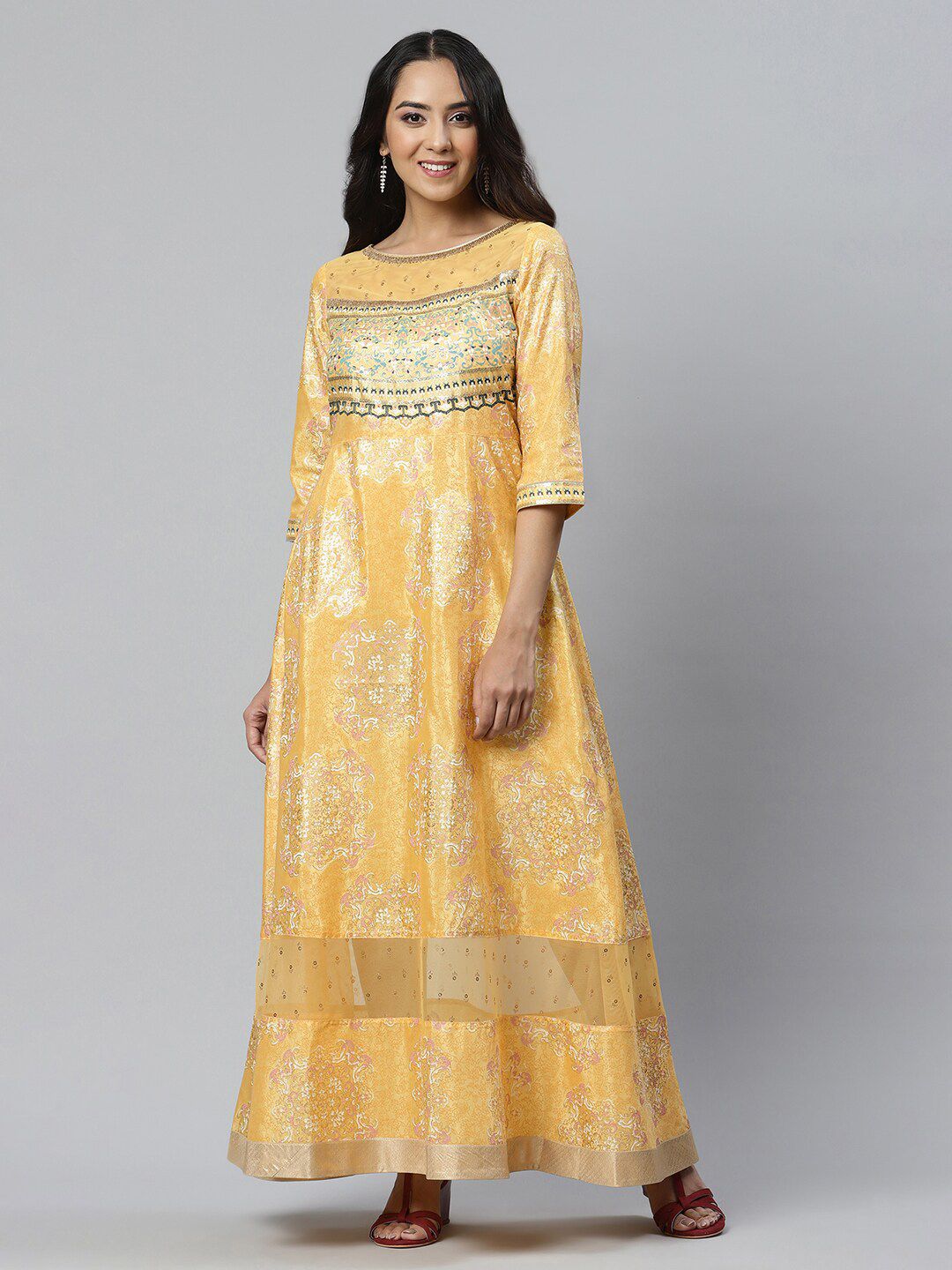 AURELIA Yellow Ethnic Motifs Satin Maxi Dress Price in India