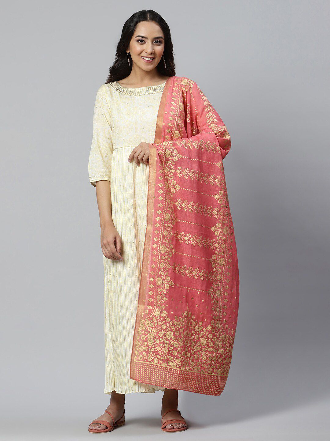 AURELIA White Ethnic Motifs Satin Maxi Dress Price in India