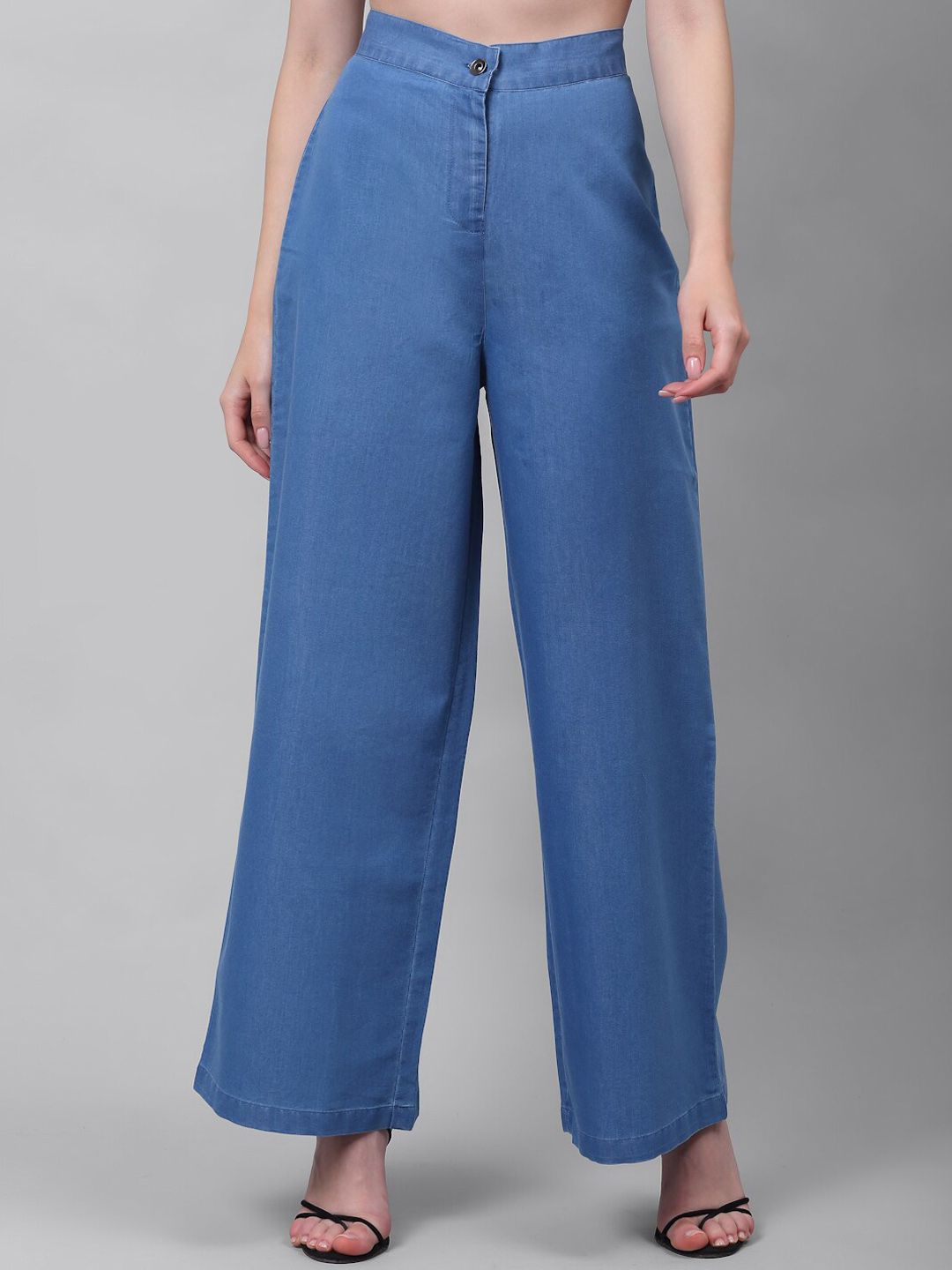 NEUDIS Women Blue Flared High-Rise Trousers Price in India