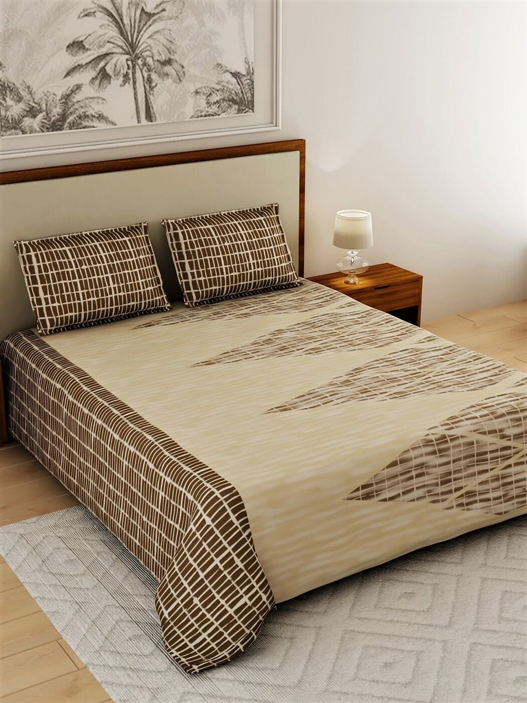 Salona Bichona Beige & Brown Printed 180 TC King  Cotton Bedsheet with 2 Pillow Covers Price in India