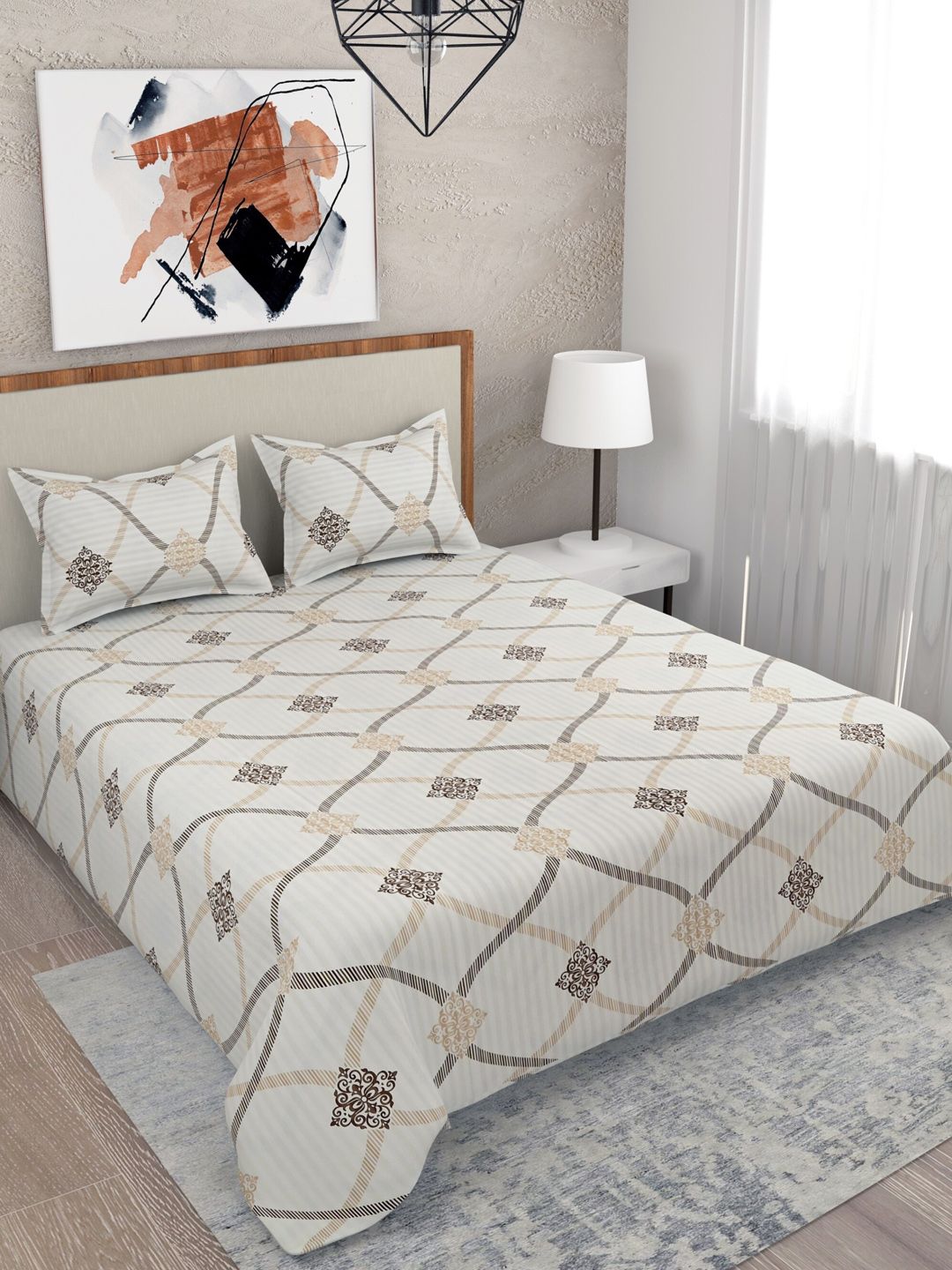 Salona Bichona Brown & Gold-Toned Printed  210TC King Cotton Bedsheet with 2Pillow Covers Price in India