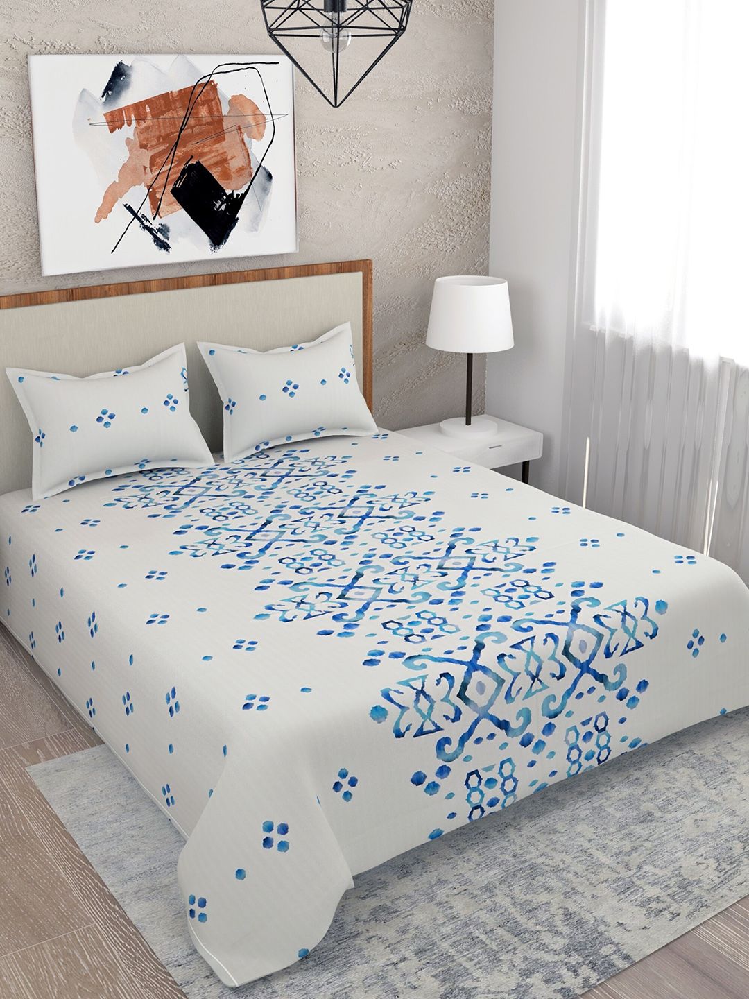 Salona Bichona Beige & Blue 100% Cotton 210 TC King Size Bedsheet with 2 Pillow Covers Set Price in India