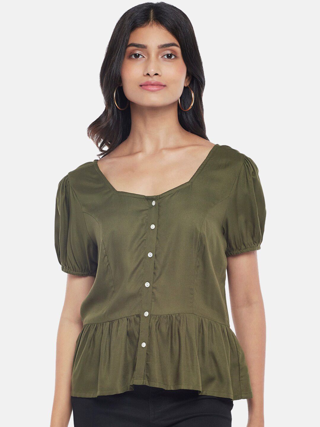 Honey by Pantaloons Olive Green Peplum Top Price in India