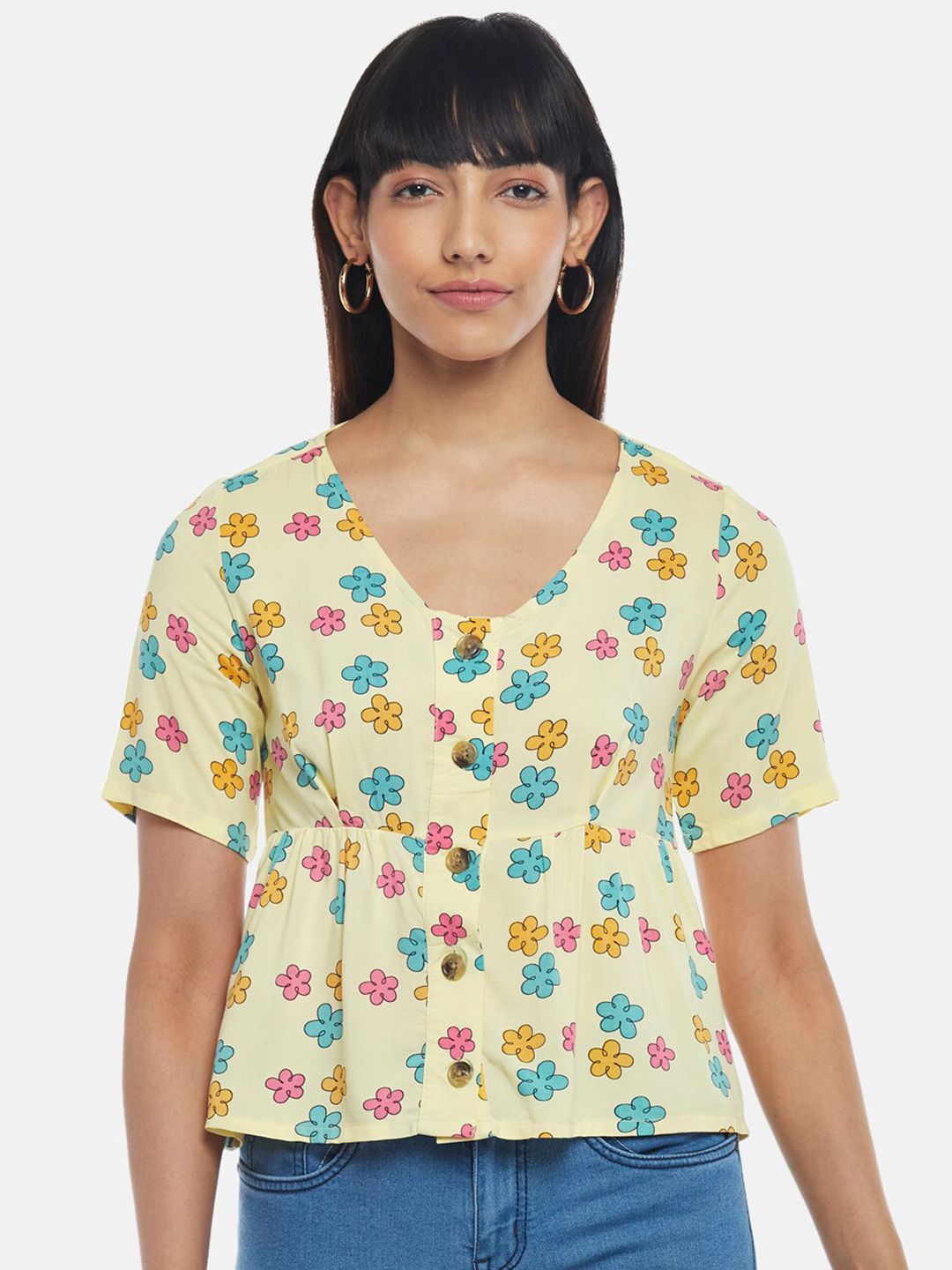 People Women Yellow Floral Print Top Price in India
