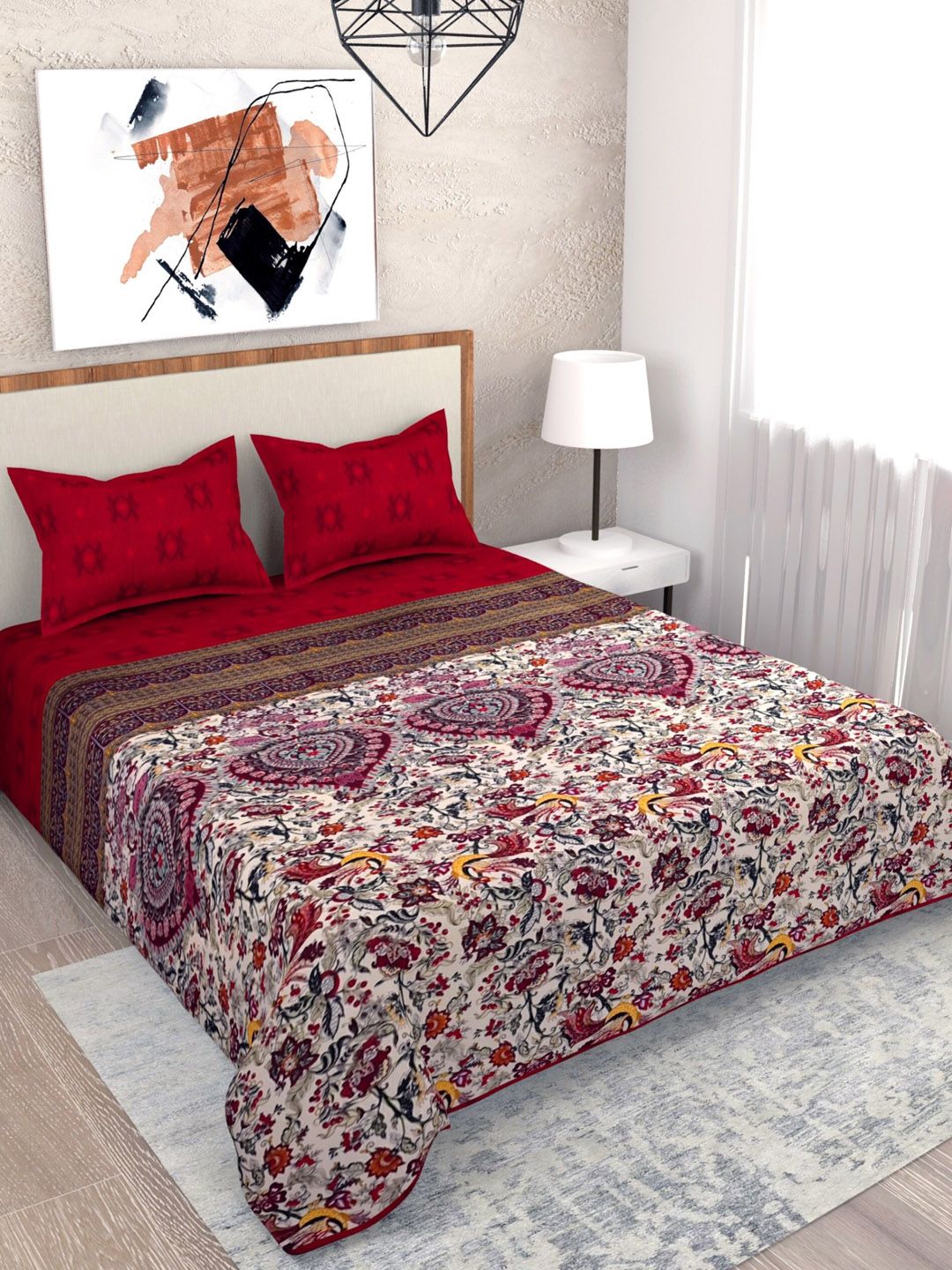 Salona Bichona 100% Cotton Printed 120 TC Double Bedsheet with 2 Pillow Covers Red Price in India