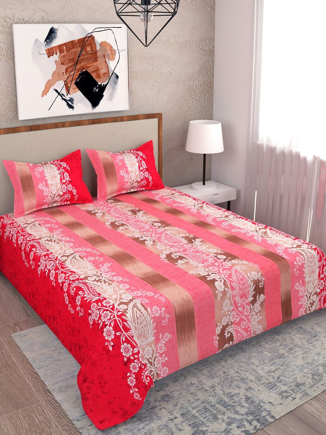 SALONA BICHONA Red 100% Cotton 104 TC Double Bedsheet with 2 Pillow Covers Price in India