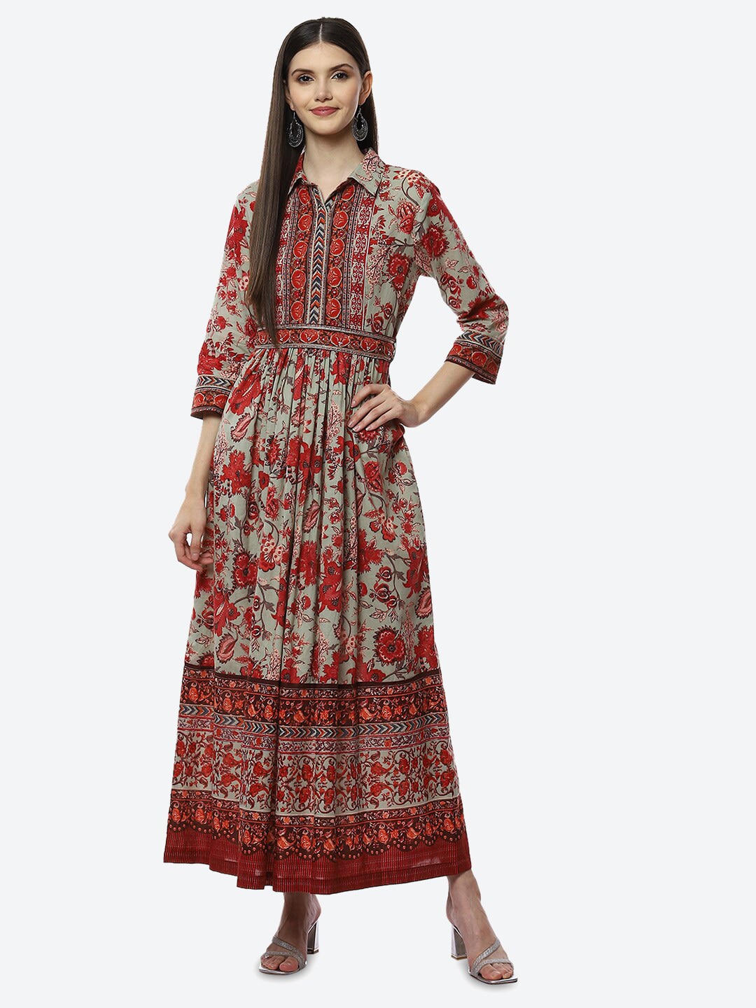 Biba Green & Red Floral Maxi Dress Price in India