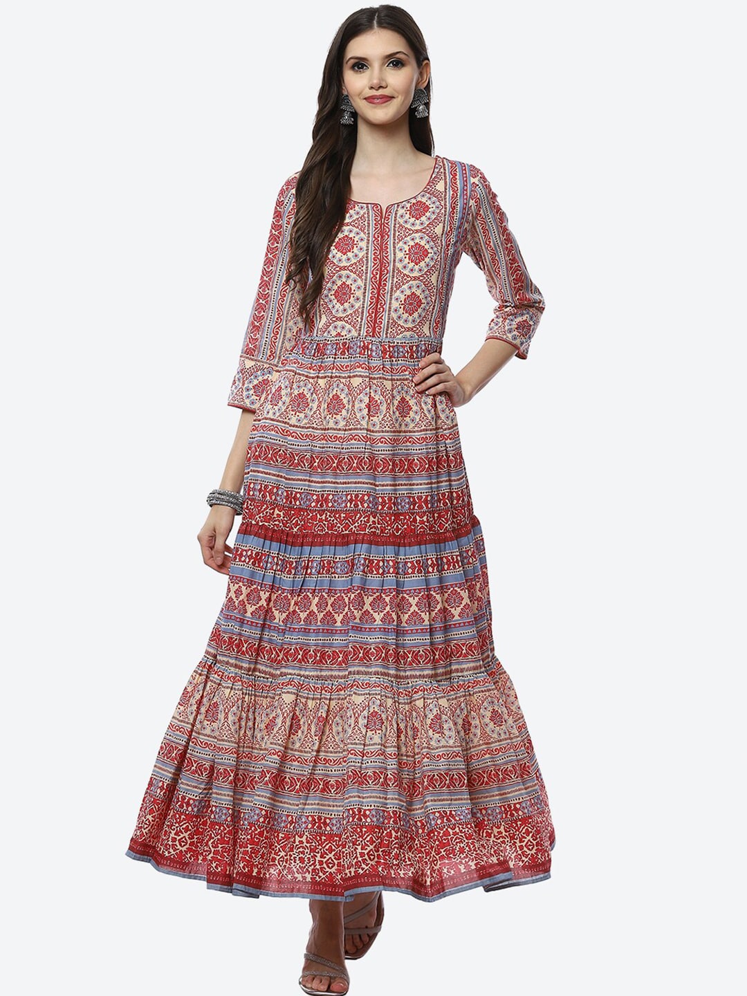 Biba Cream-Coloured & Red Ethnic Motifs Maxi Dress Price in India