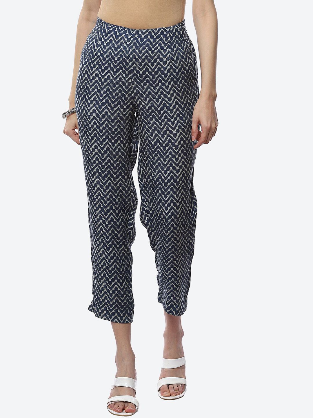 Biba Women Blue Printed Relaxed Trousers Price in India