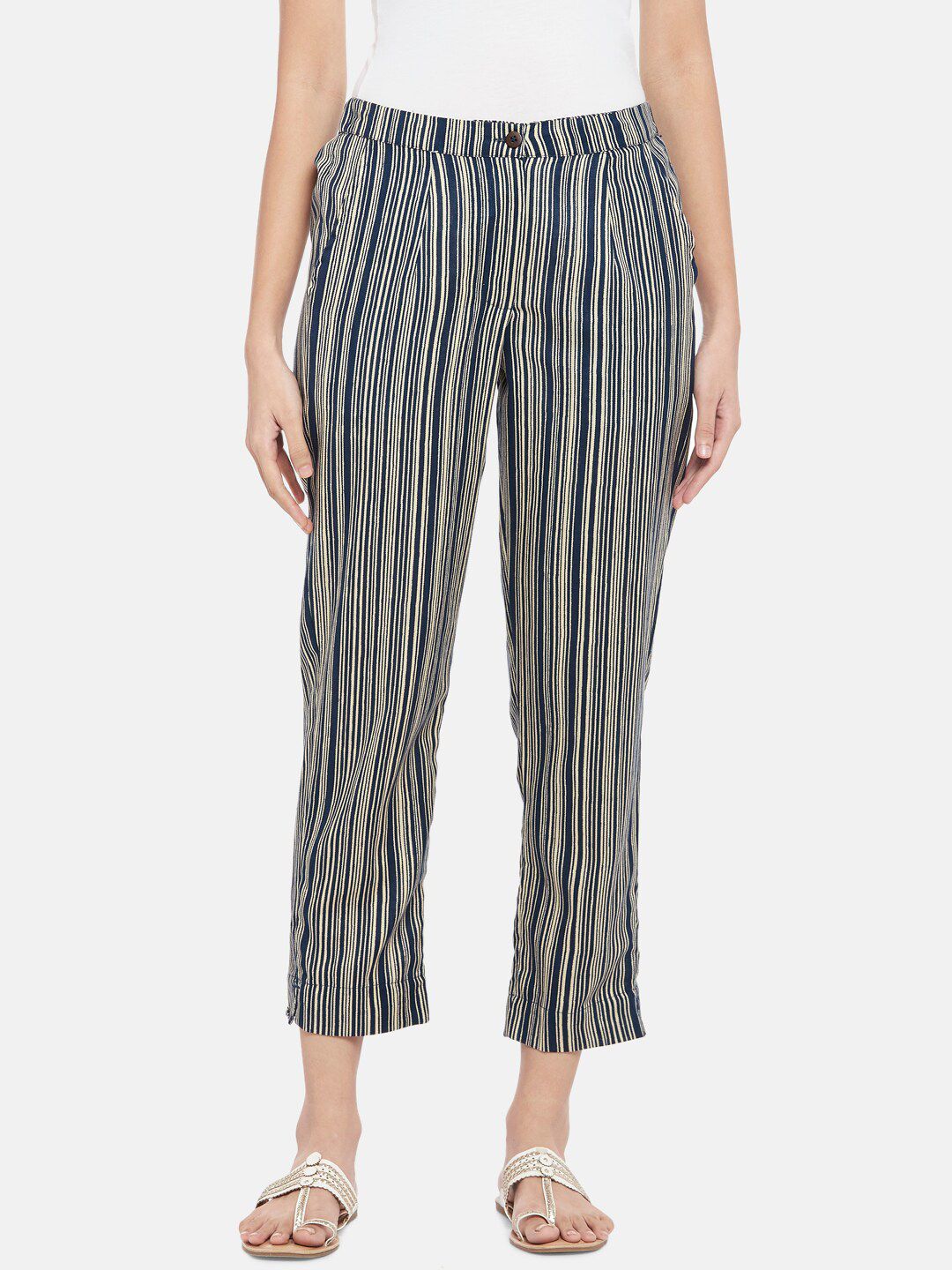 AKKRITI BY PANTALOONS Women Blue Striped Trousers Price in India
