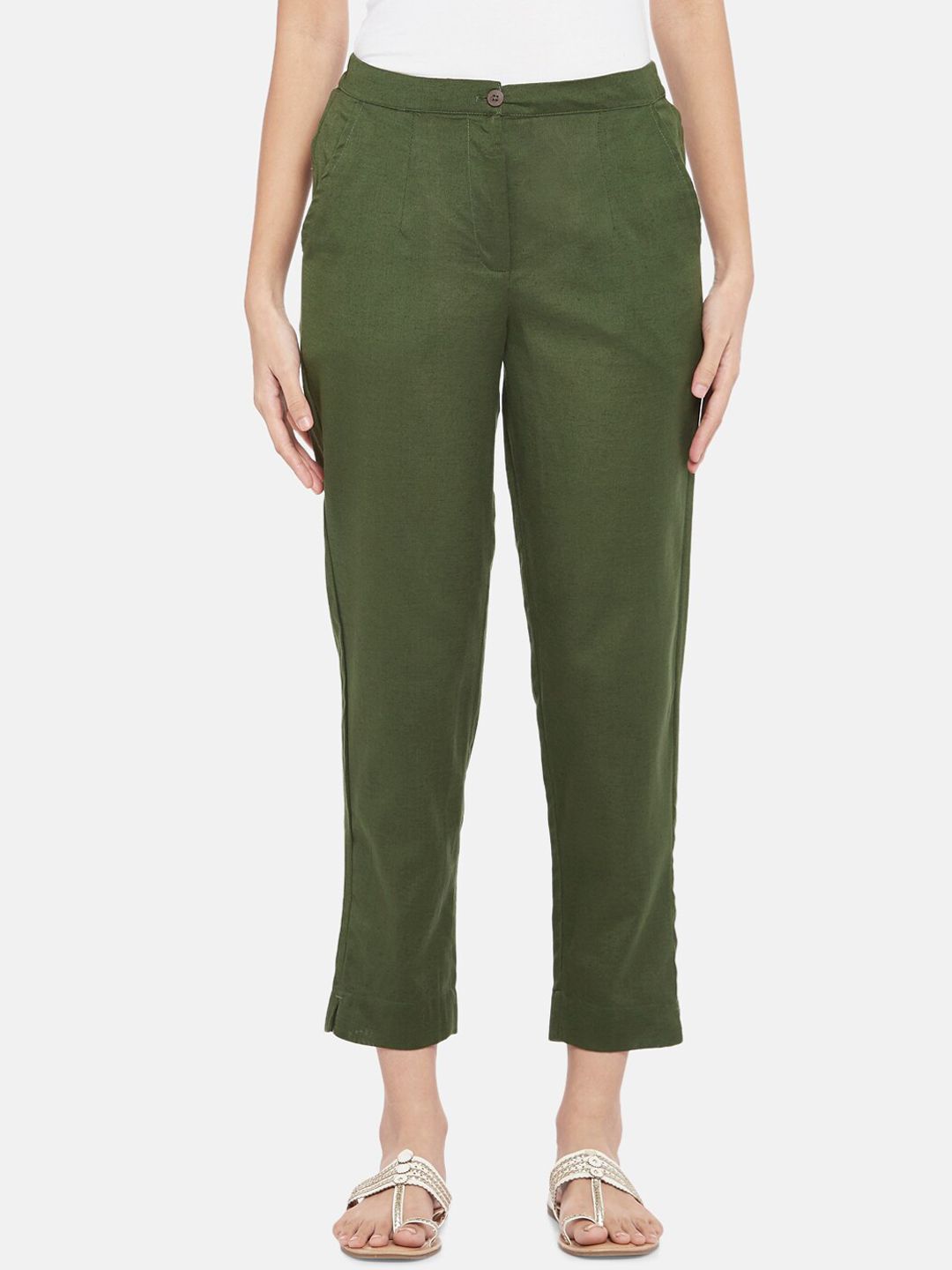 AKKRITI BY PANTALOONS Women Olive Green Solid  Regular Fit Trousers Price in India