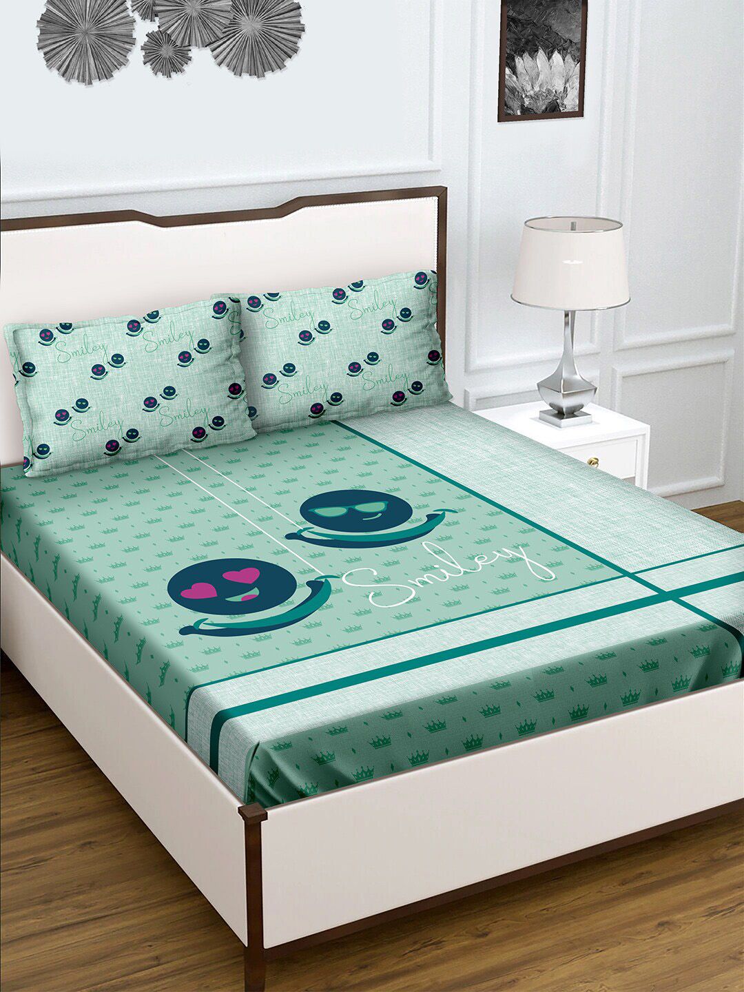 BELLA CASA Teal Cotton 180TC Double Bedsheet with 2 Pillow Covers Price in India