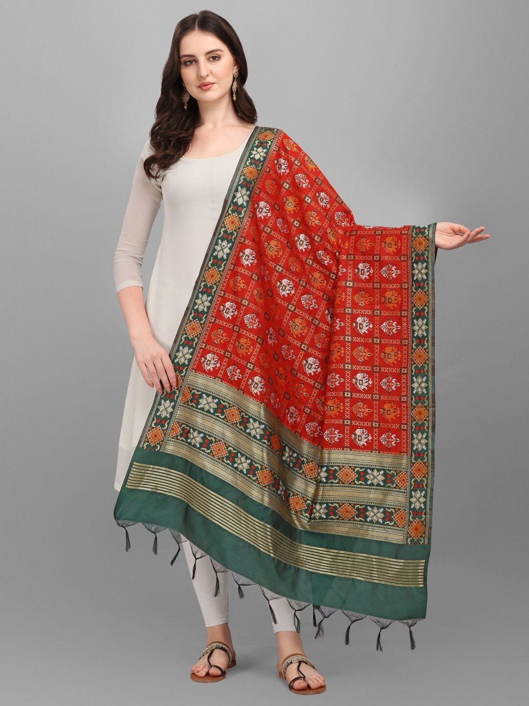 RIVAMA Red & Green Ethnic Motifs Woven Design Cotton Silk Foil Print Dupatta