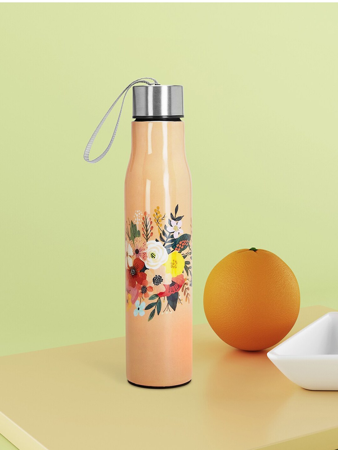 Living scapes by Pantaloons Peach-Coloured Printed Stainless Steel Water Bottle Price in India