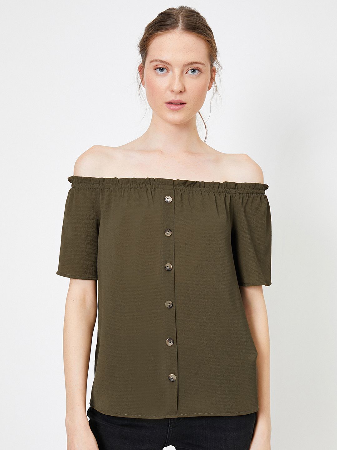 Koton Khaki Solid Off-Shoulder Bardot Top Price in India