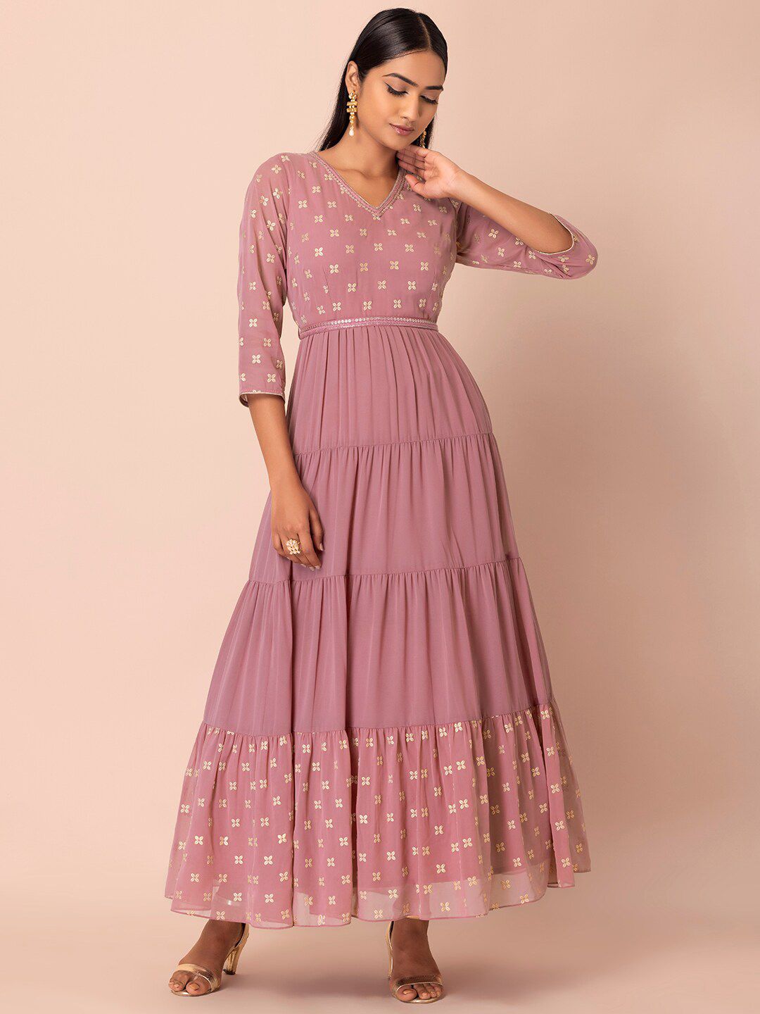INDYA WOMEN Pink Floral Georgette Ethnic Maxi Dress Price in India