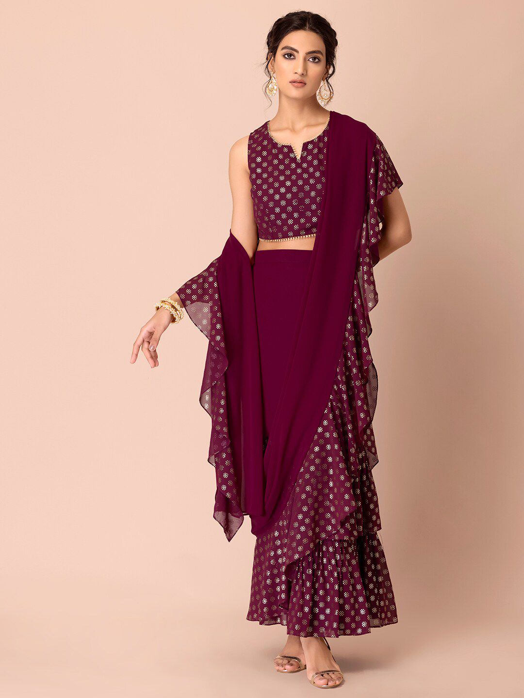 INDYA Women Purple & Gold-Toned Ethnic Motifs Ruffled Pre Draped Saree Price in India