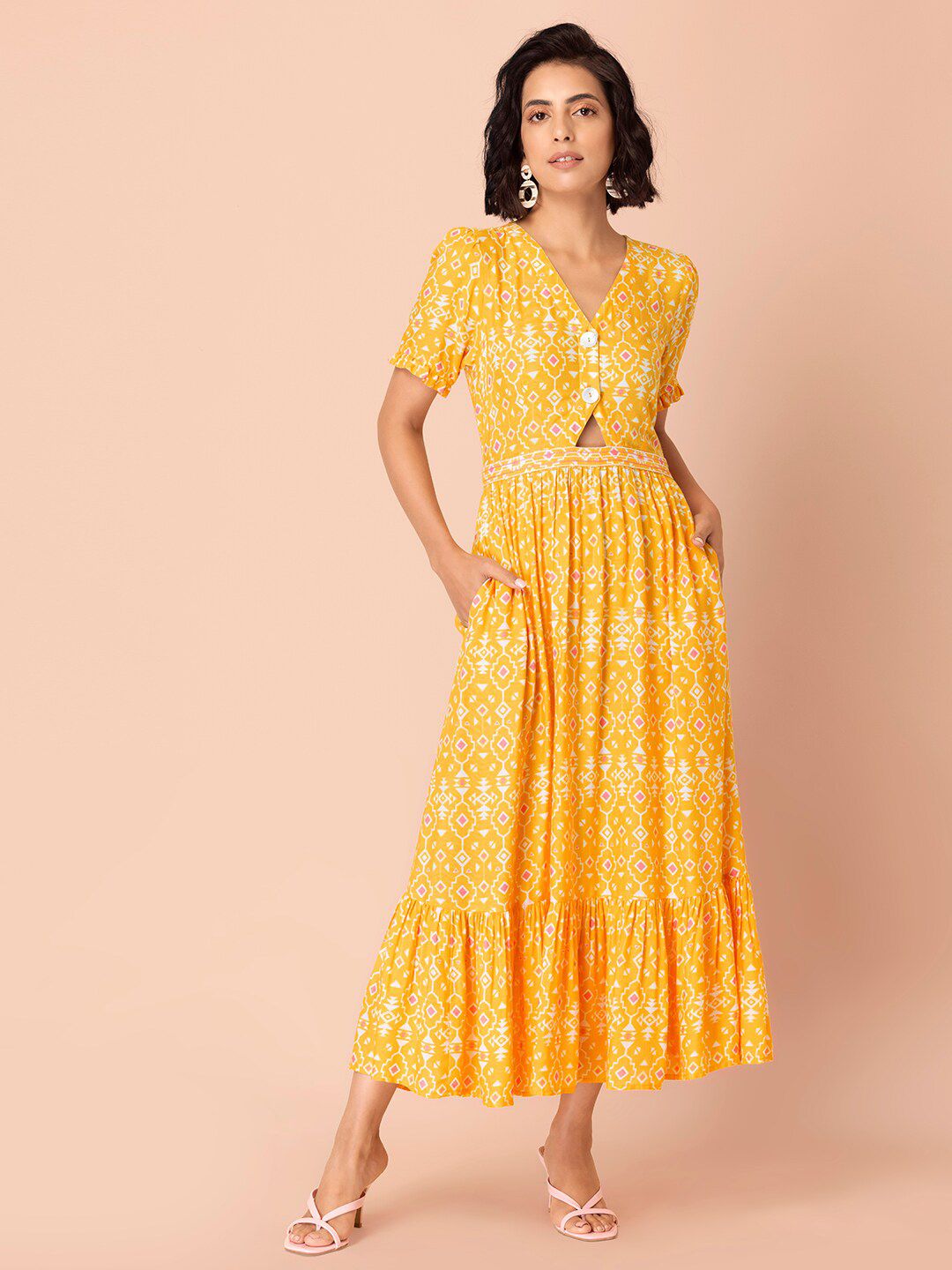 INDYA WOMEN Yellow & White Ethnic Motifs Ethnic Maxi Dress Price in India