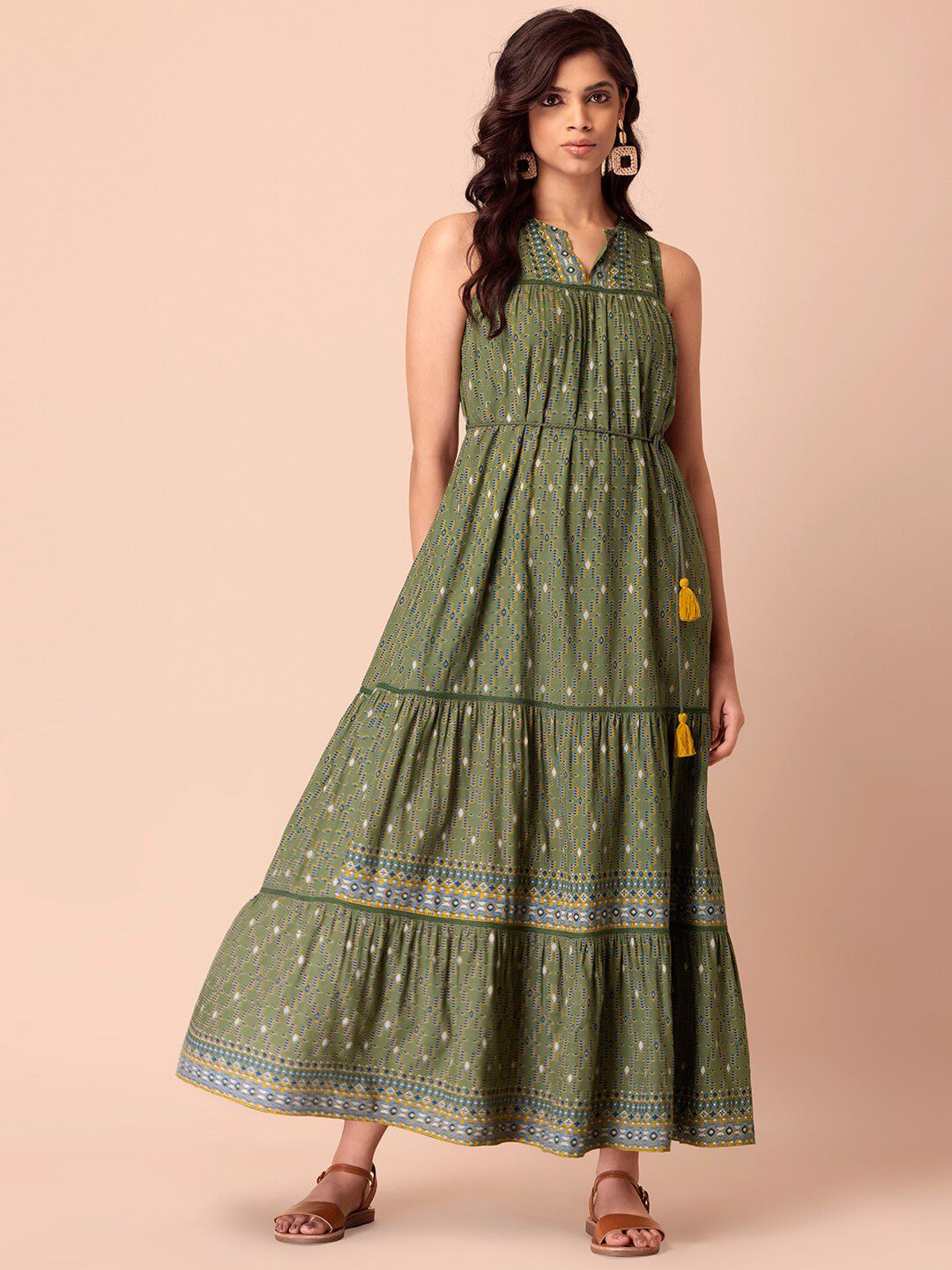 INDYA Green & Blue Ethnic Motifs Ethnic Maxi Dress Price in India