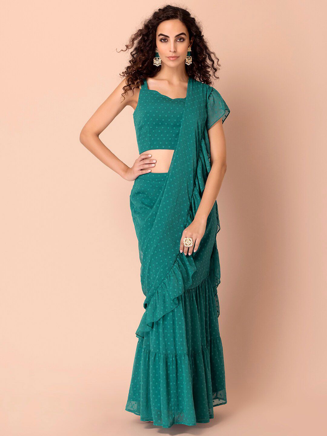 INDYA Teal-Green Polka Dots Ruffled Draped Saree Price in India