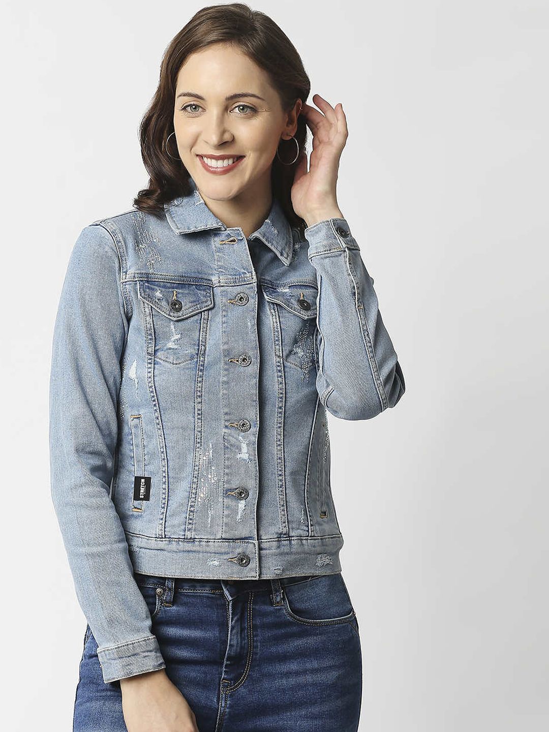 Pepe Jeans Women Blue Washed Crop Denim Jacket Price in India