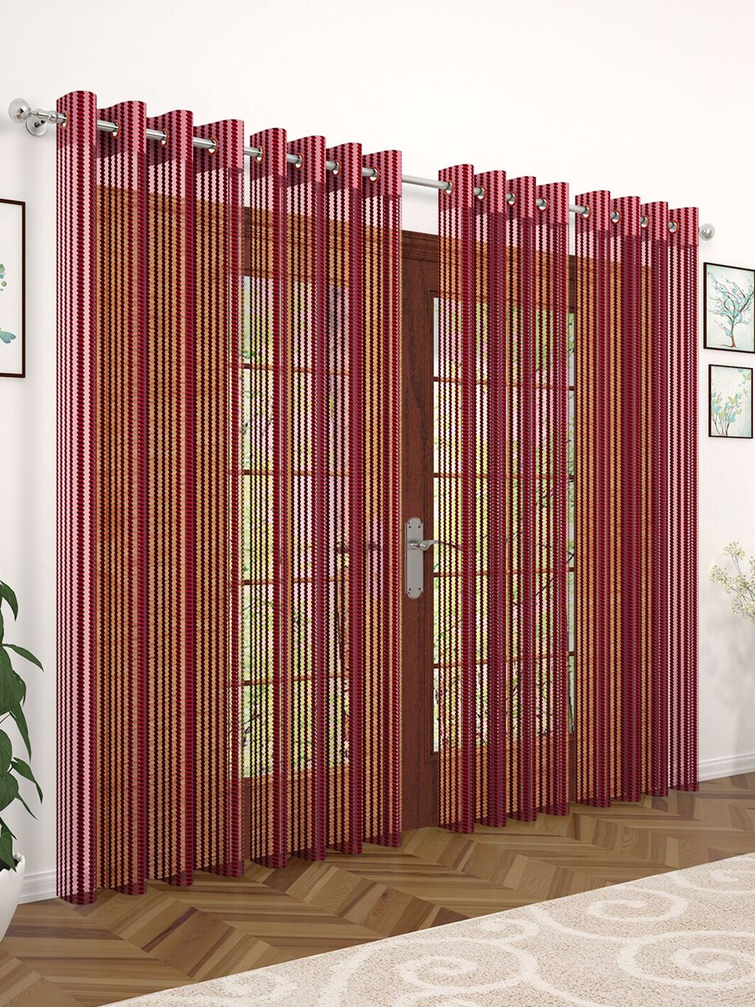 Story@home Maroon Set of 4 Striped Sheer Door Curtain Price in India