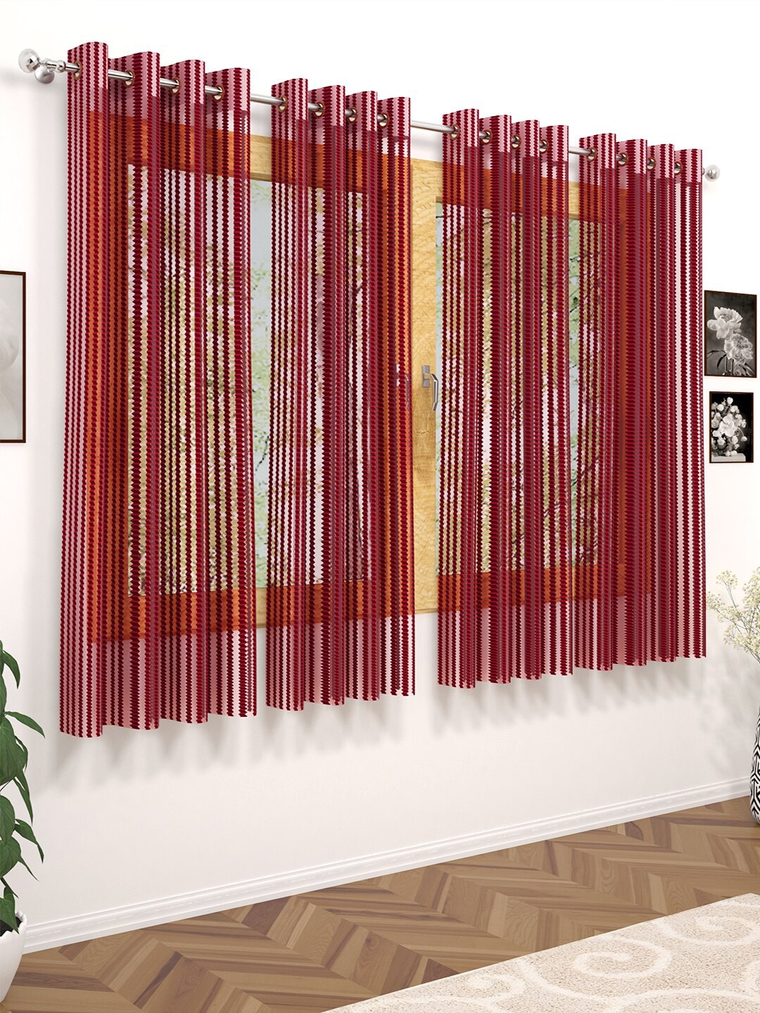 Story@home Maroon Set of 4 Striped Sheer Window Curtain Price in India