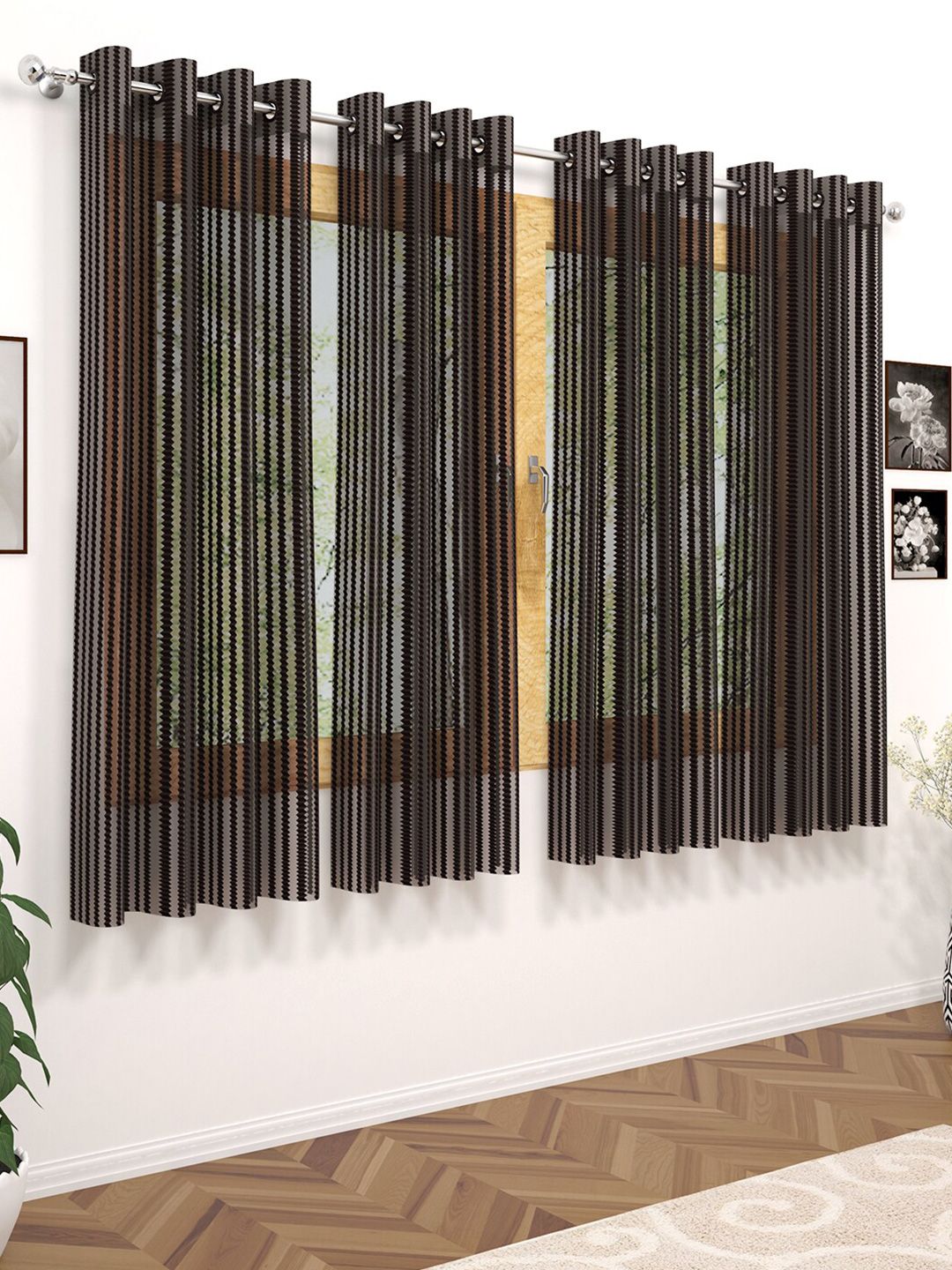 Story@home Coffee Brown Set of 4 Striped Sheer Window Curtain Price in India