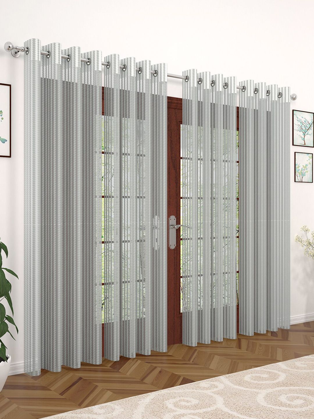 Story@home Grey Set of 4 Striped Sheer Door Curtain Price in India