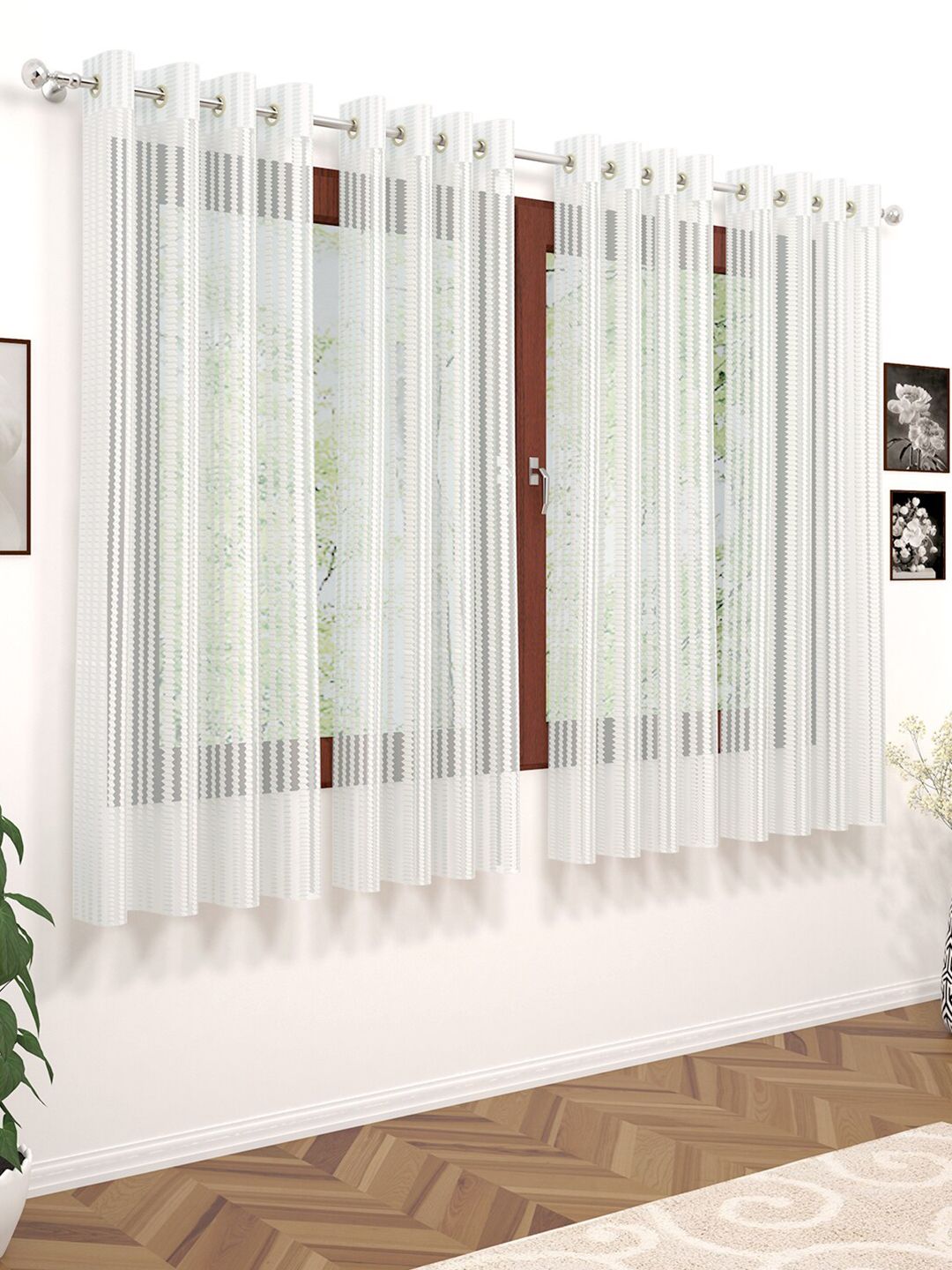 Story@home White Set of 4 Striped Sheer Window Curtain Price in India