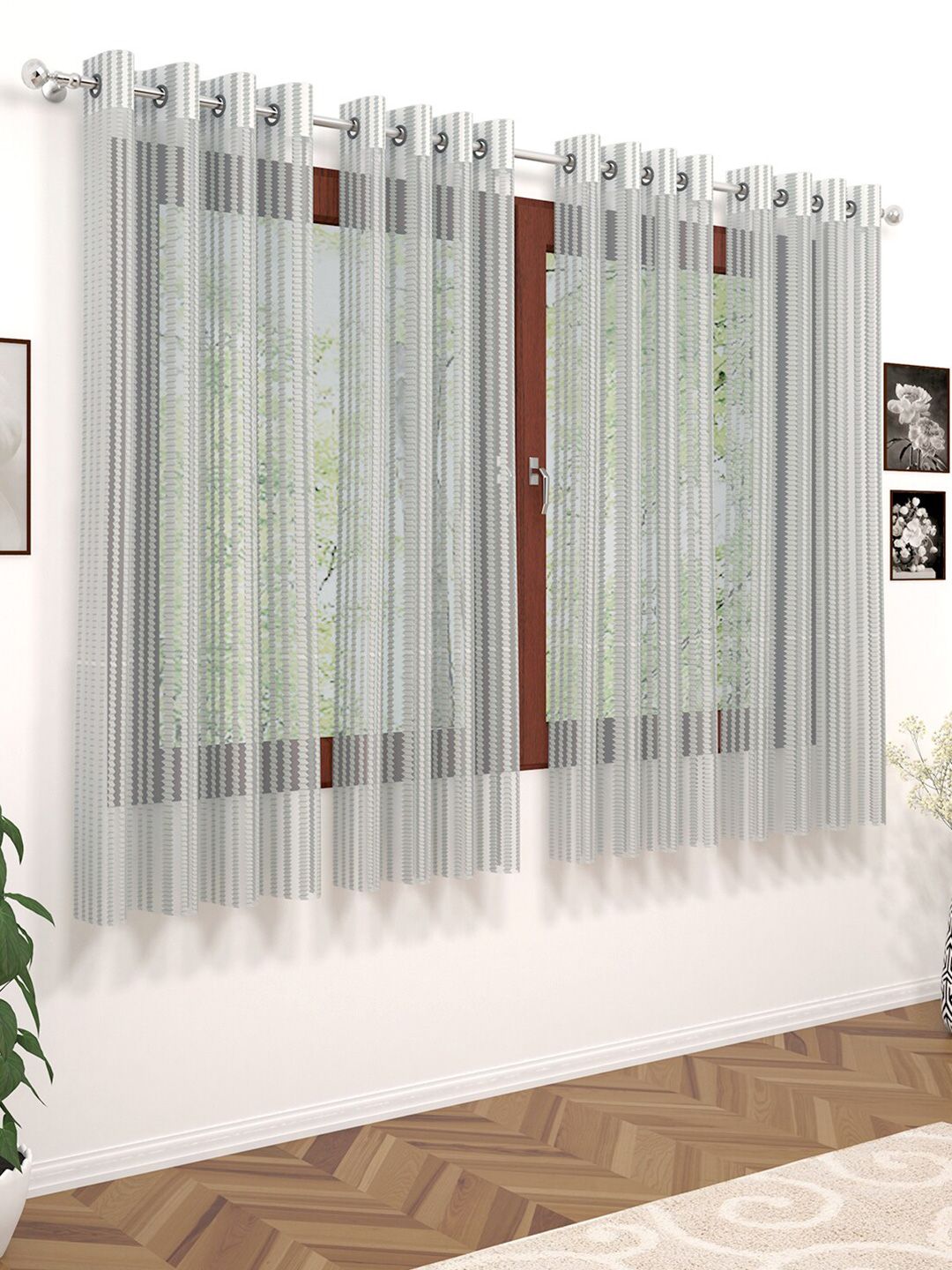 Story@home Grey Set of 4 Striped Sheer Window Curtain Price in India