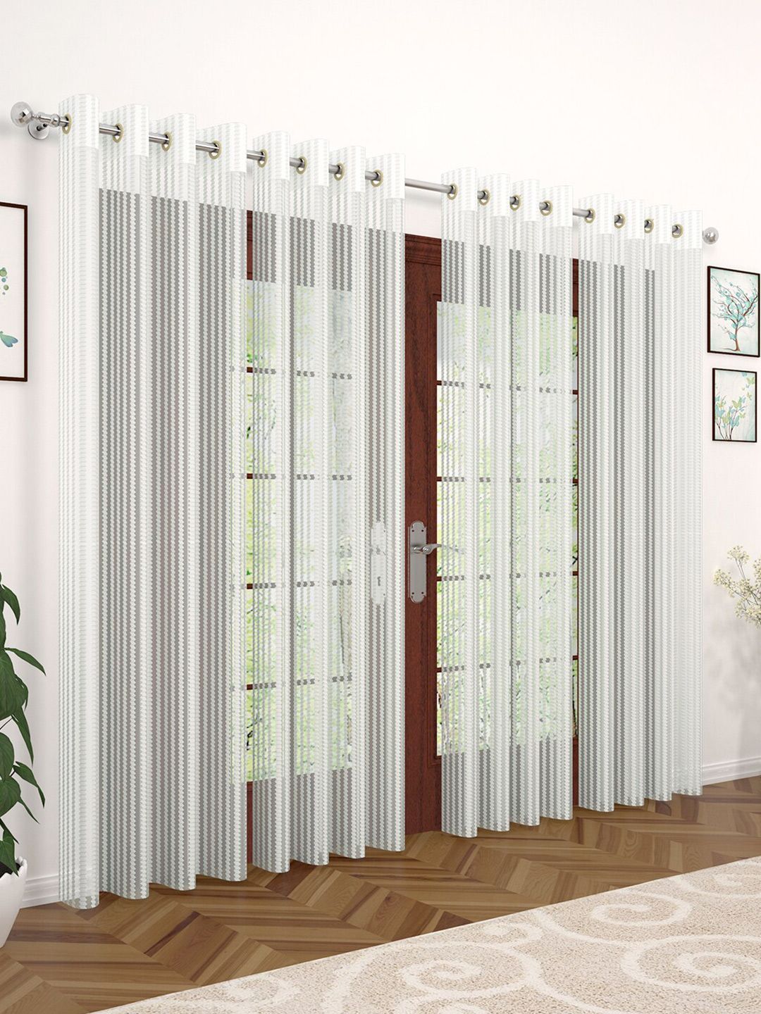 Story@home White Set of 4 Striped Sheer Door Curtain Price in India