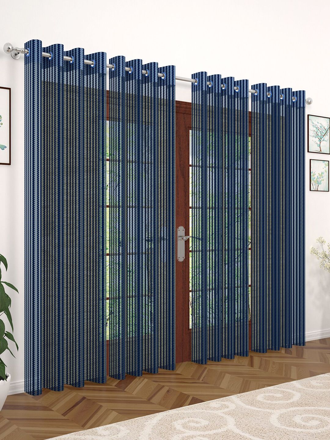 Story@home Navy Blue Set of 4 Striped Sheer Door Curtain Price in India