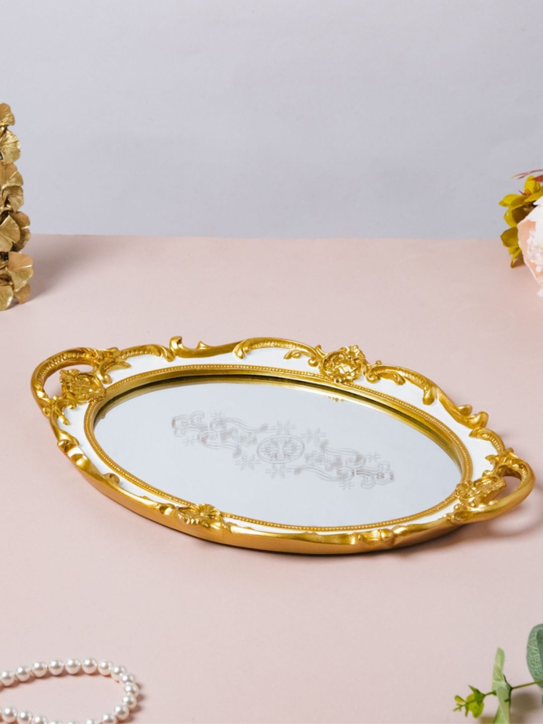Nestasia White & Gold-Coloured Solid Decorative Glass Tray Price in India