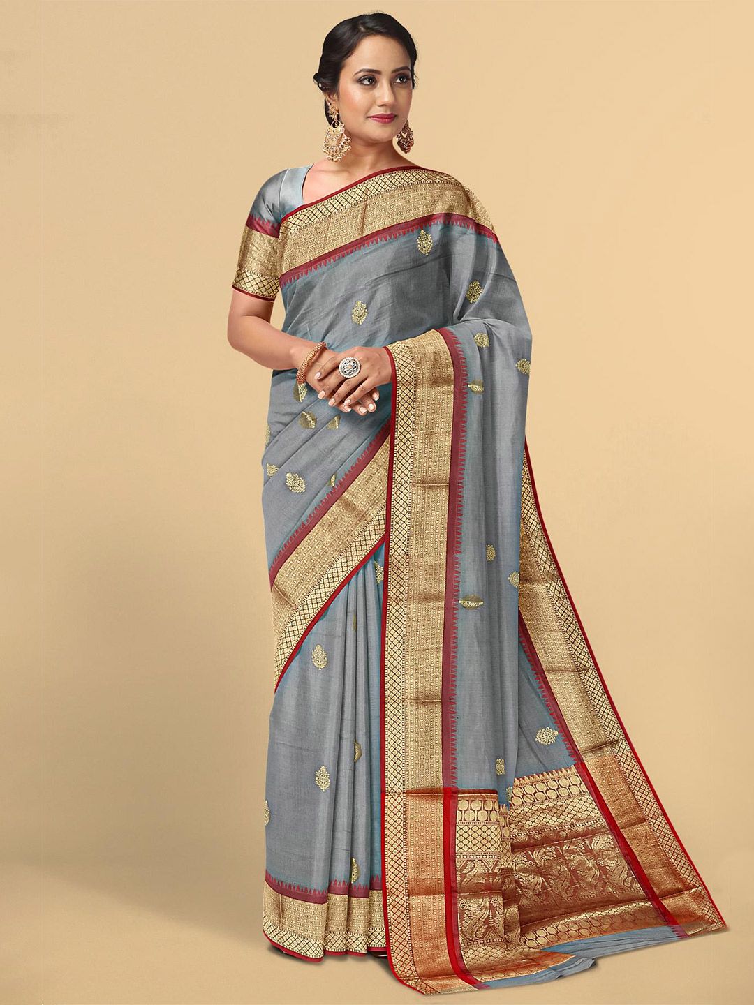 Kalamandir Grey & Maroon Ethnic Motifs Print Zari Pashmina Saree Price in India