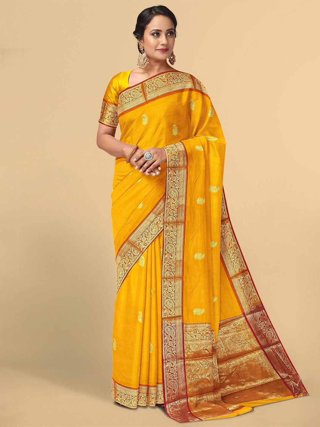 Kalamandir Women Yellow & Gold Paisley Print Zari Pashmina Saree Price in India
