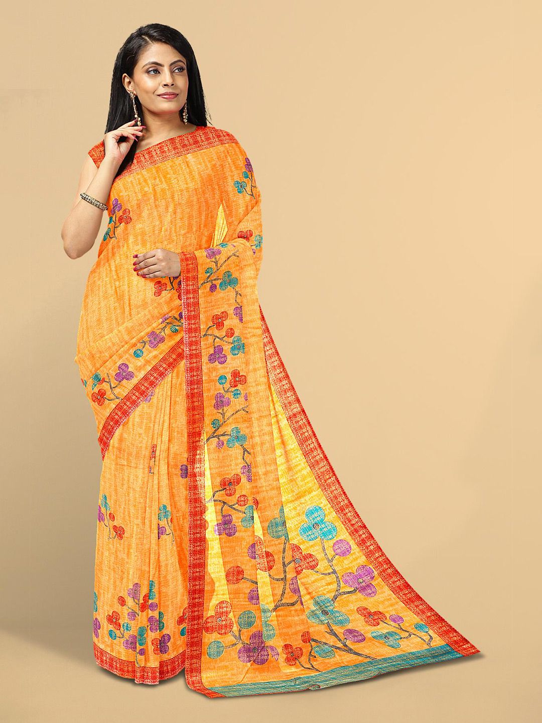 Kalamandir Women Orange Floral Jute Silk Saree Price in India