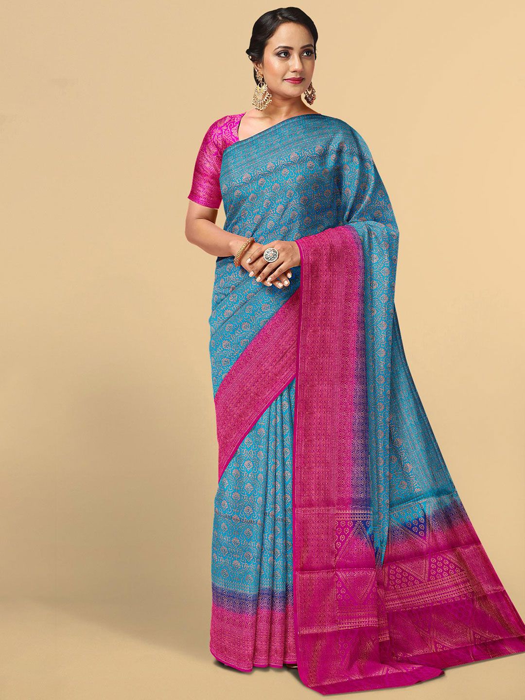 Kalamandir Women Blue & Pink Woven Design Silk Blend Saree Price in India