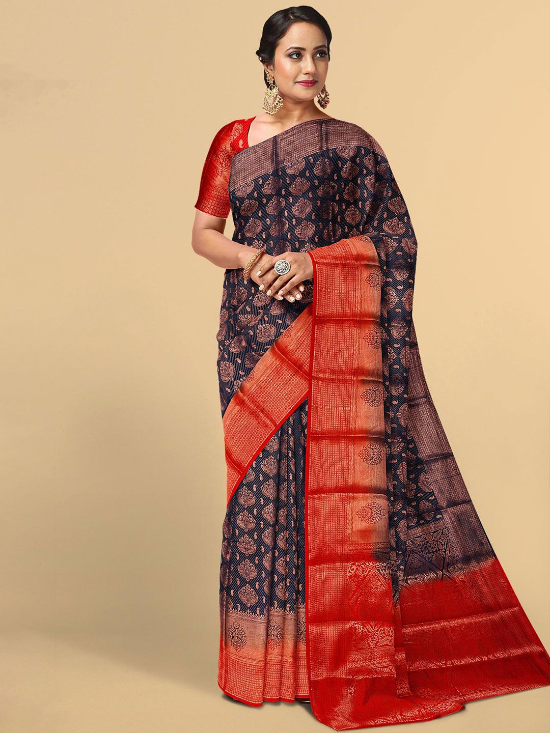 Kalamandir Navy Blue & Red Woven Design Zari Silk Blend Saree Price in India