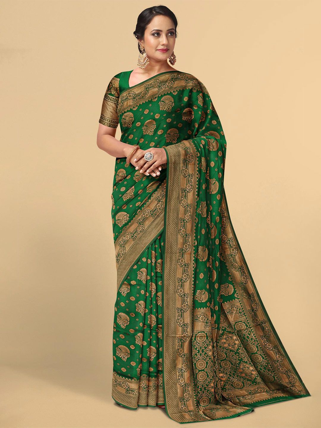 Kalamandir Green & Gold-Toned Floral Zari Silk Blend Saree Price in India