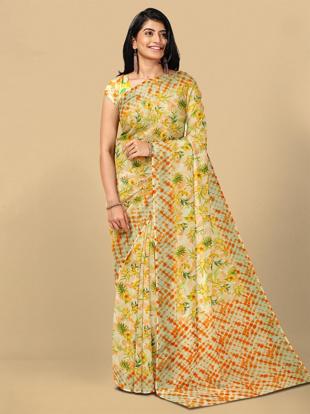 Kalamandir Yellow & Green Floral Linen Blend Saree Price in India