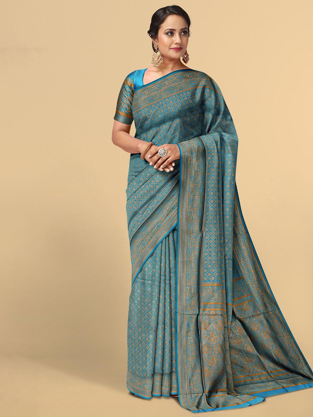 Kalamandir Blue & Gold-Toned Woven Design Zari Silk Blend Saree Price in India
