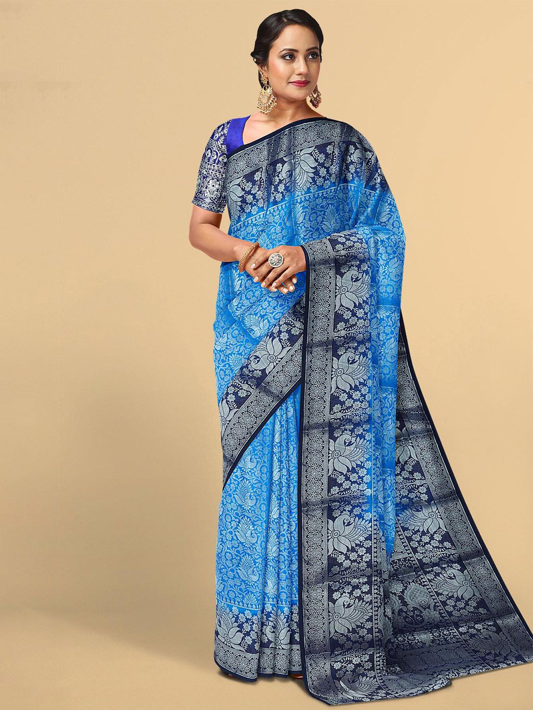 Kalamandir Blue Ethnic Motifs Zari Silk Blend Saree Price in India