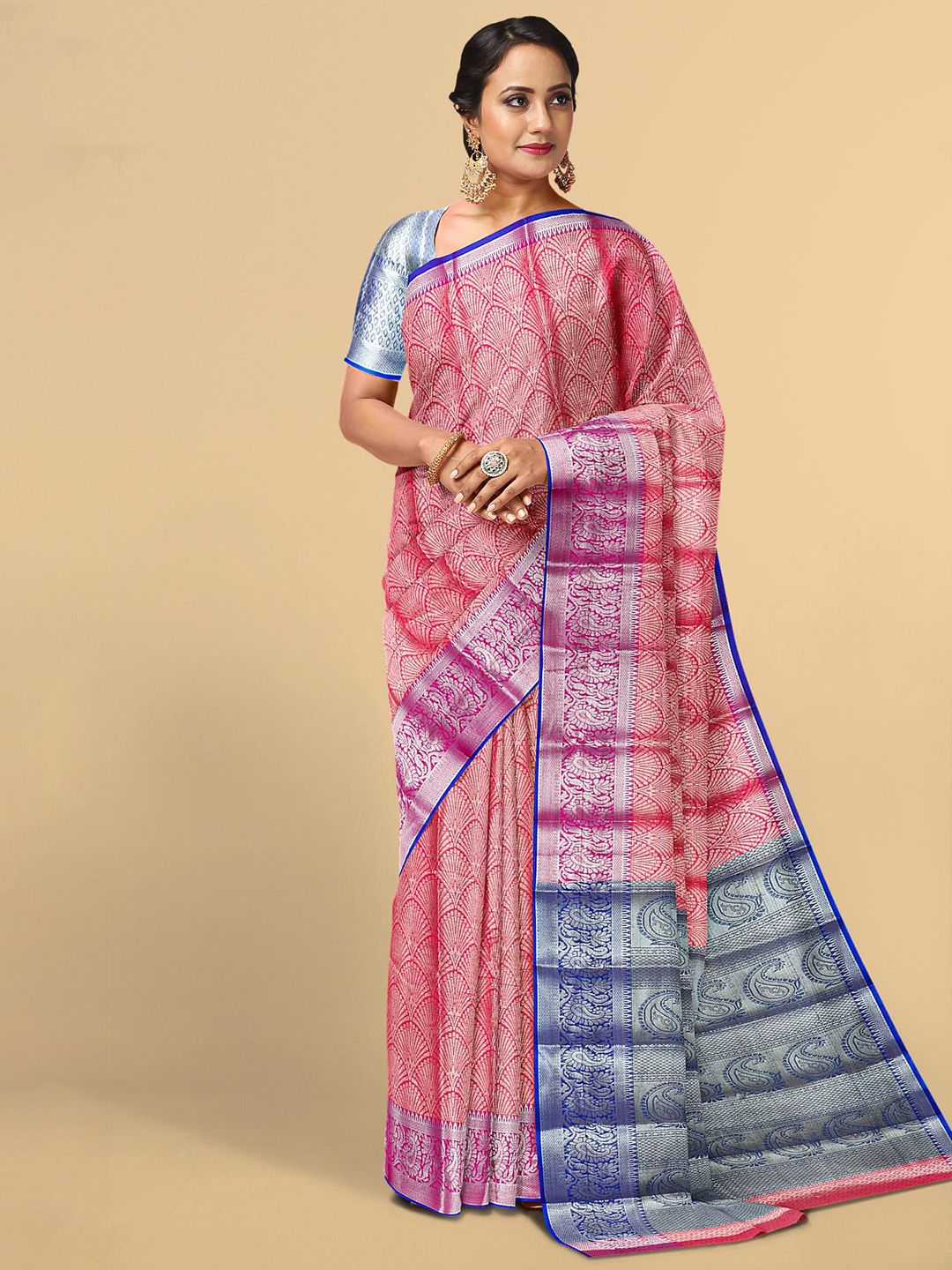 Kalamandir Pink & Blue Woven Design Zari Silk Blend Saree Price in India