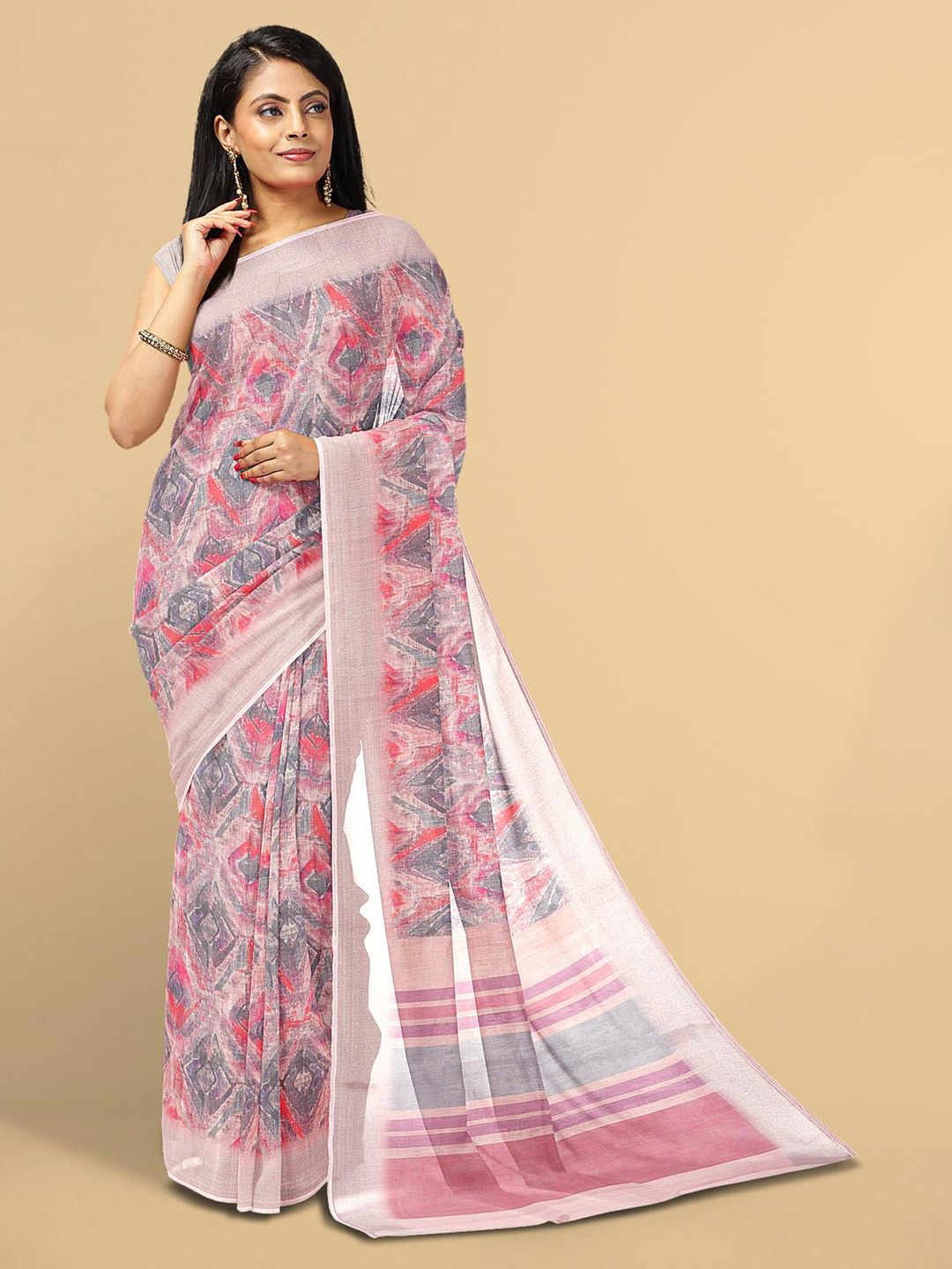 Kalamandir Pink & Grey Abstract Zari Linen Blend Saree Price in India