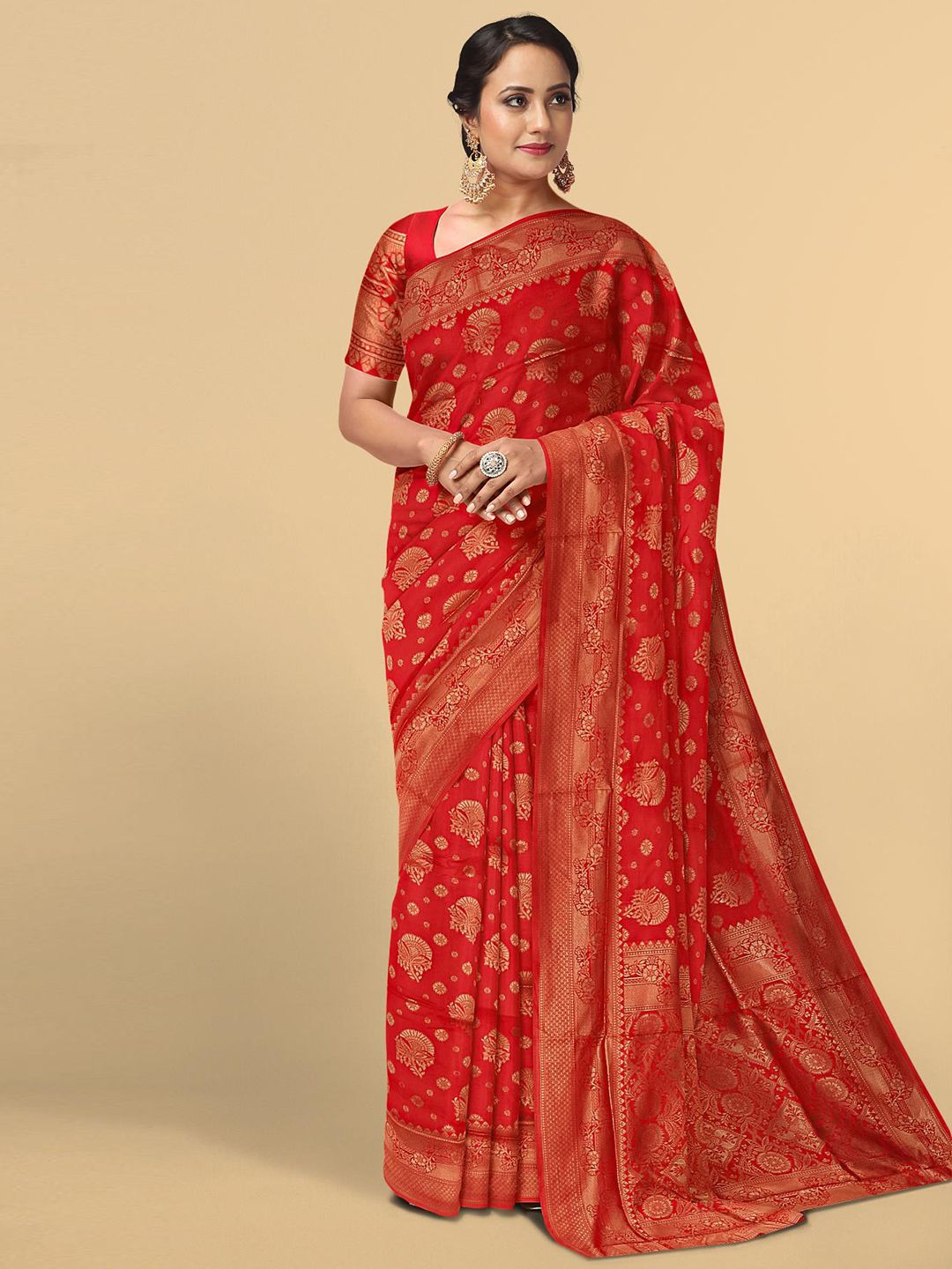 Kalamandir Red & Gold-Toned Floral Silk Blend Saree Price in India