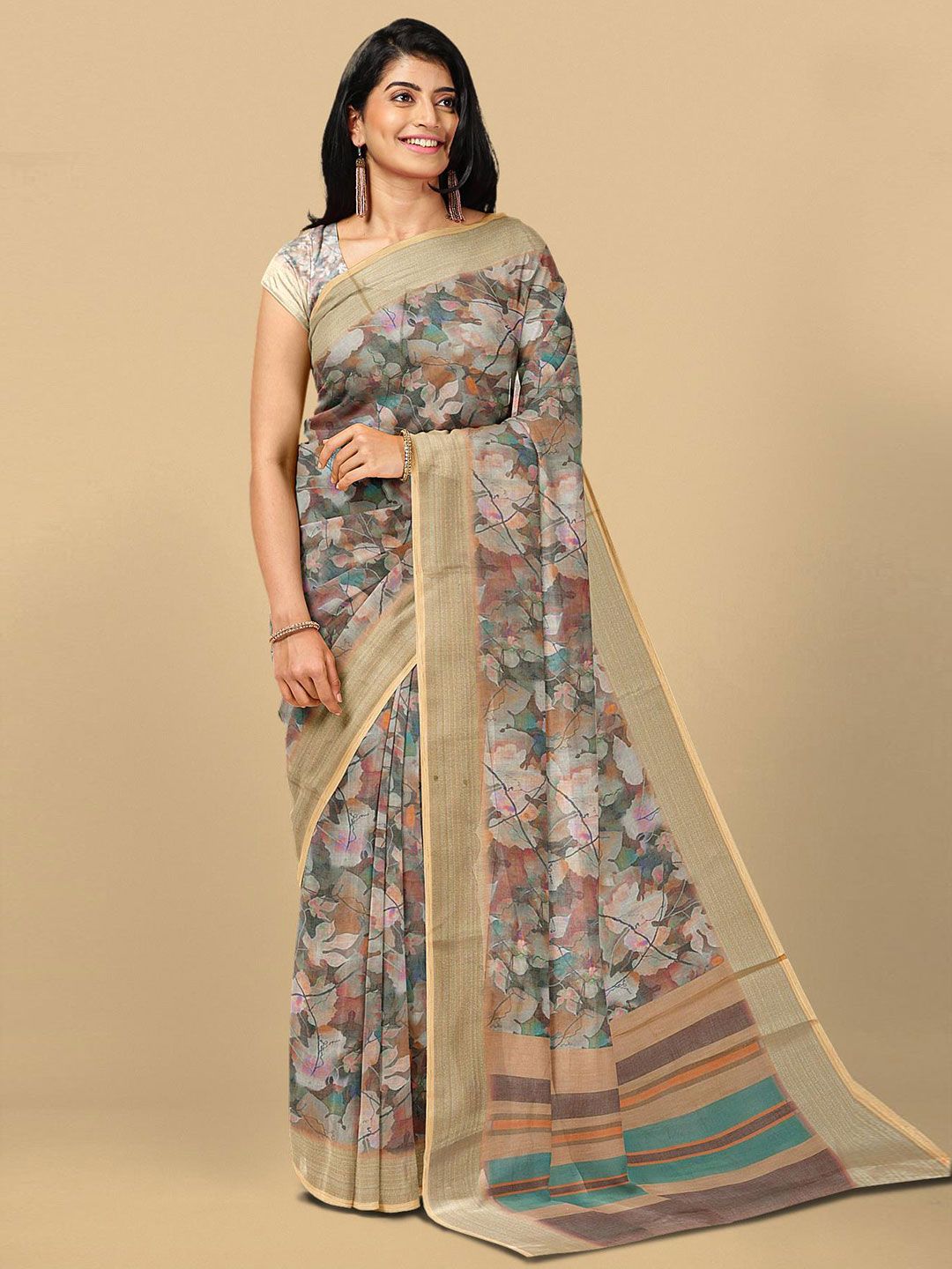 Kalamandir Brown & Gold-Toned Floral Zari Linen Blend Saree Price in India