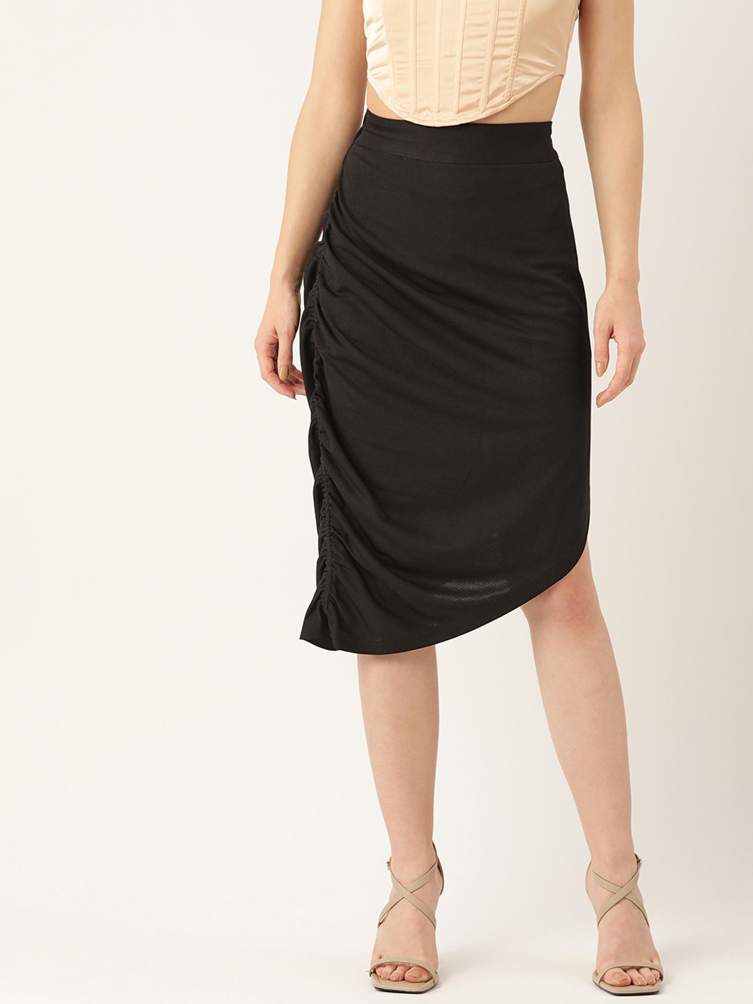 Antheaa Women Black Solid Ruched A-Line Skirt Price in India