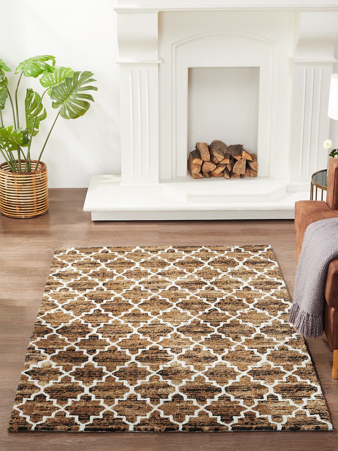Pano Brown & White Geometric Printed Rectangular Carpet Price in India